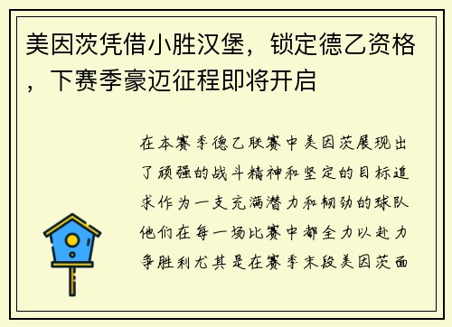 美因茨凭借小胜汉堡，锁定德乙资格，下赛季豪迈征程即将开启