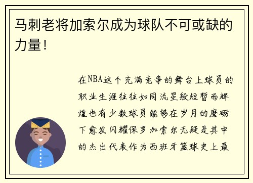 马刺老将加索尔成为球队不可或缺的力量！